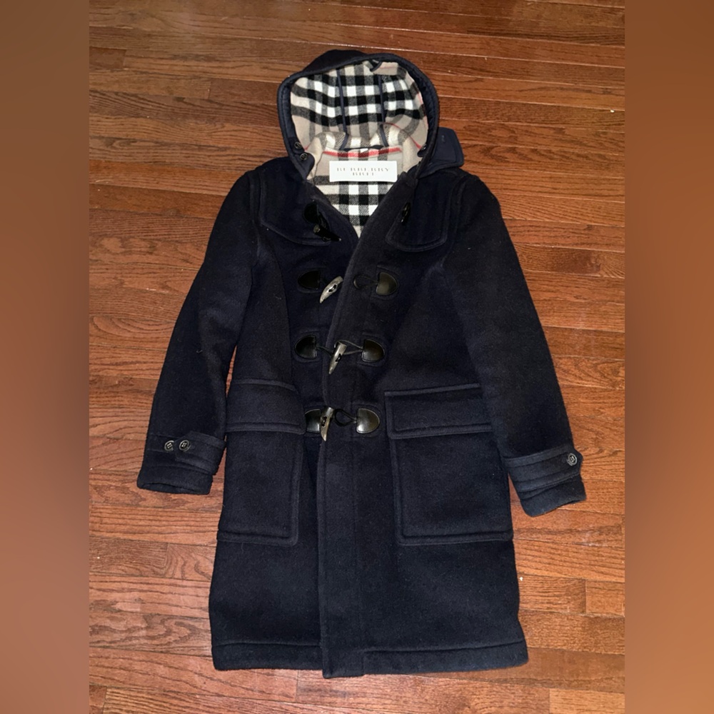 Burberry Navy Wool Duffle Coat with Check Lining